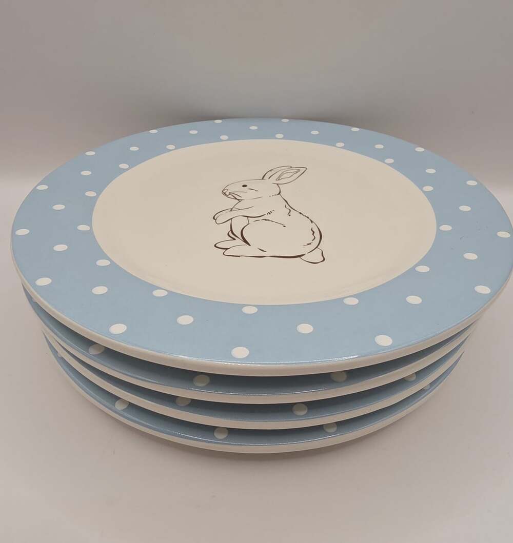 4 Blossoms & Blooms 7" Blue Plates Bunny Rabbit Polka Dot Easter